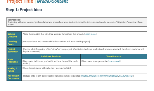 Image of the first page of the PBLWorks Project Planner 