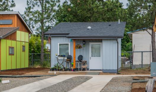 A small village of tiny houses, with a small grey-blue house in the center.
