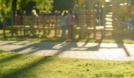 Two children, one wearing a pink shirt and the other a blue shirt, stand in front of a multicolored playground structure in a park.
