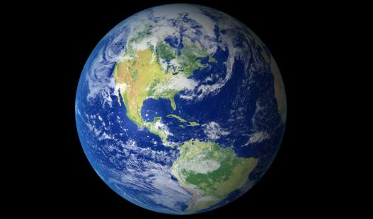 A view of the Earth from outer space, with North and South America visible.