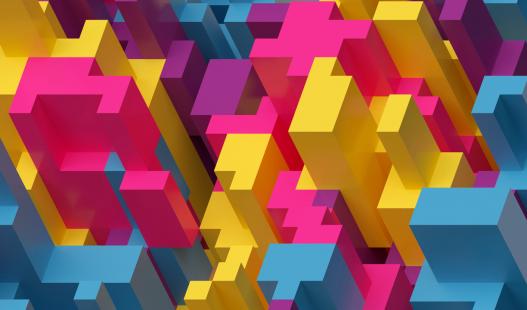 A colorful pink, yellow and blue digital illustration of building-like shapes as seen from above.