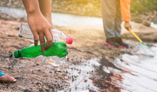 A group of children volunteer to clean empty plastic bottles from a shoreline.