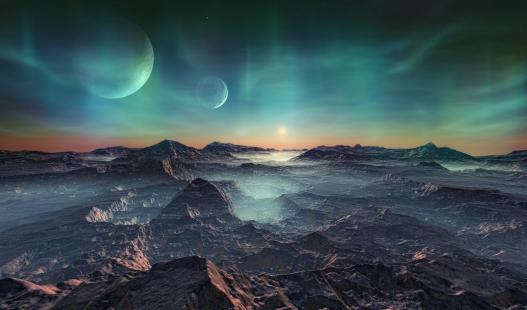 An abstract landscape with mountainous terrain and a sky that has several transparent moons
