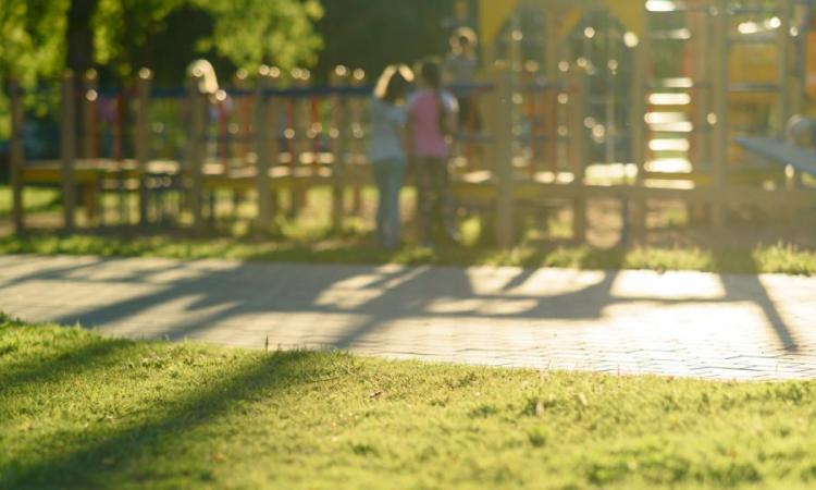 Two children, one wearing a pink shirt and the other a blue shirt, stand in front of a multicolored playground structure in a park.